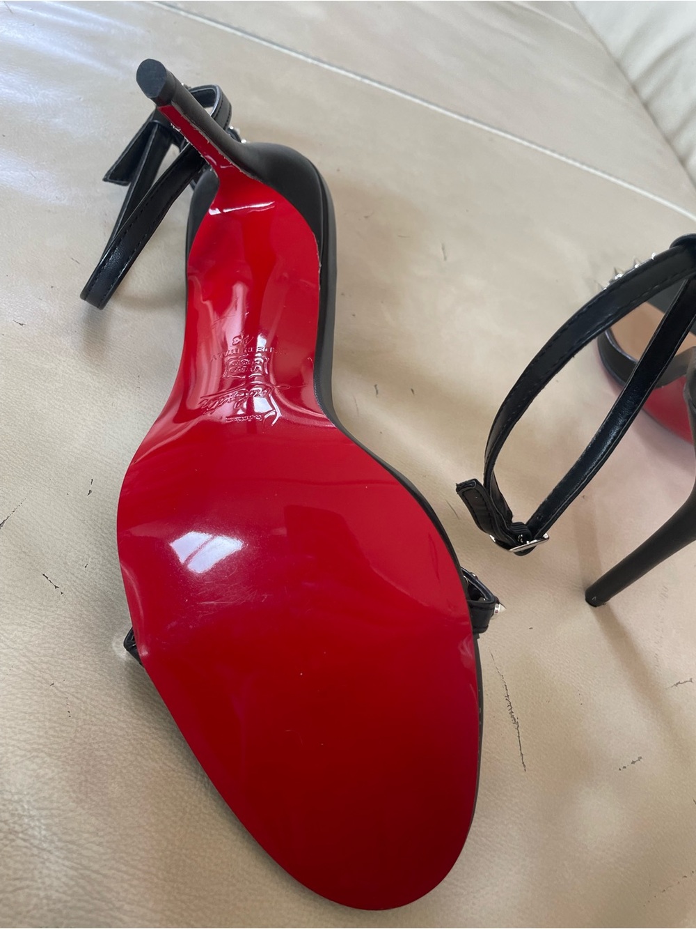 Christian Louboutin So Me 100 - Black Spike-Trim Ankle-Strap Heels, Sz 12 / EU43 - Picture 8 of 16